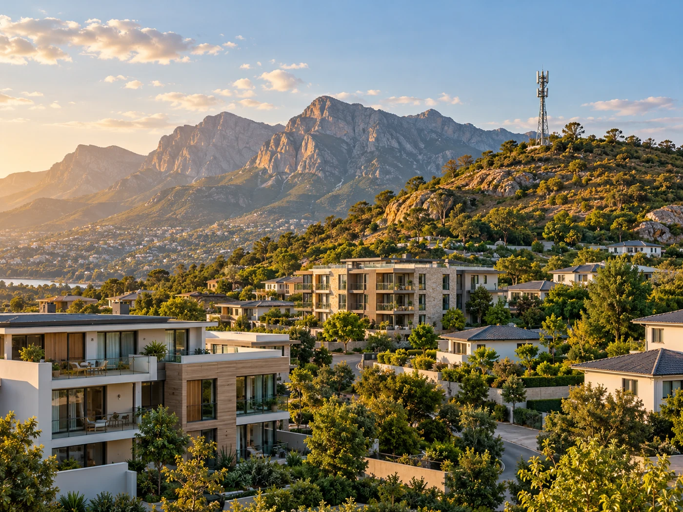 Illustrative mountain landscape with telecom infrastructure and residential buildings